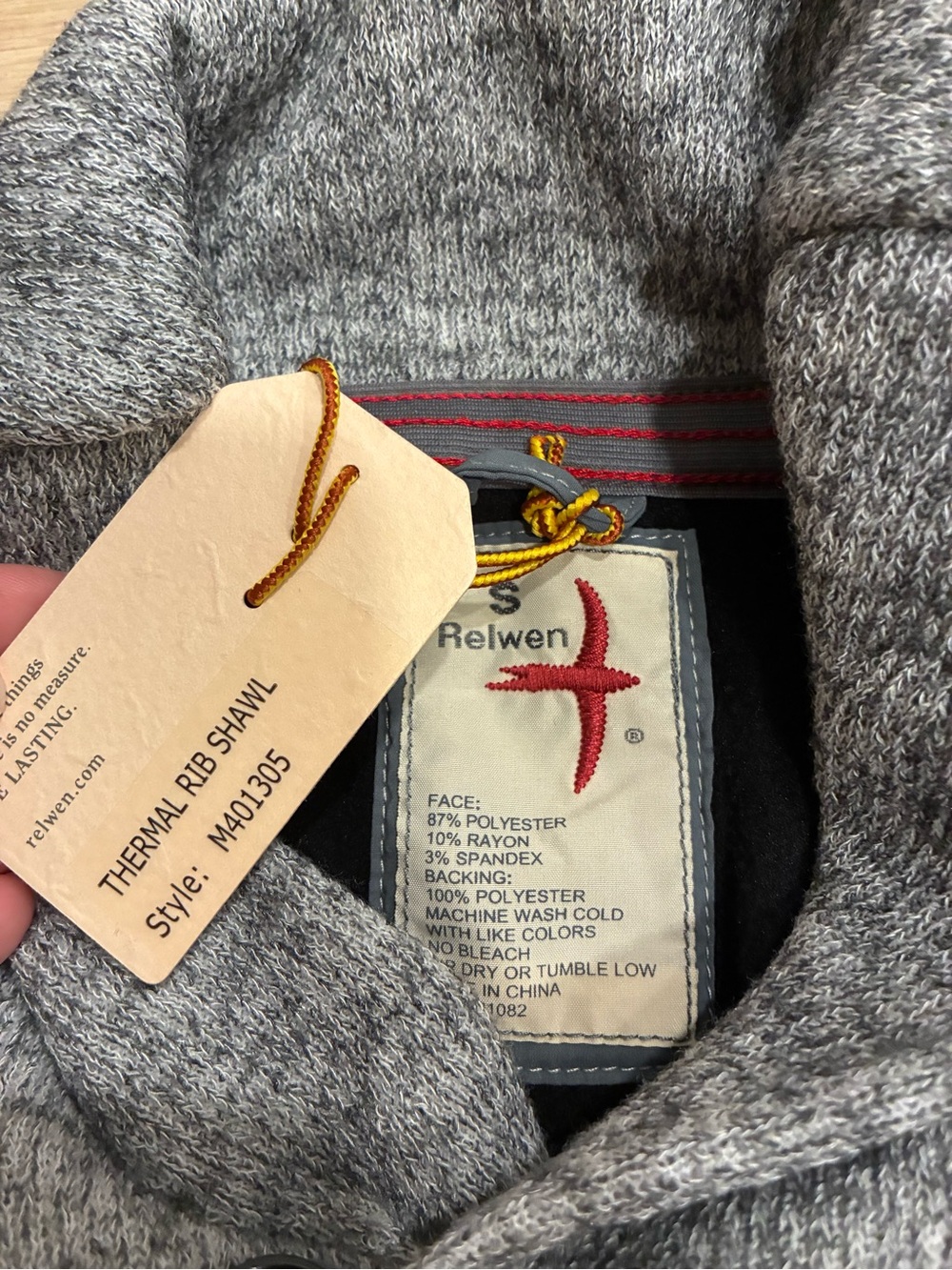 NWT Relwen Men’s Thermal Rib Shawl Sweater Gray Size S - Picture 4 of 5